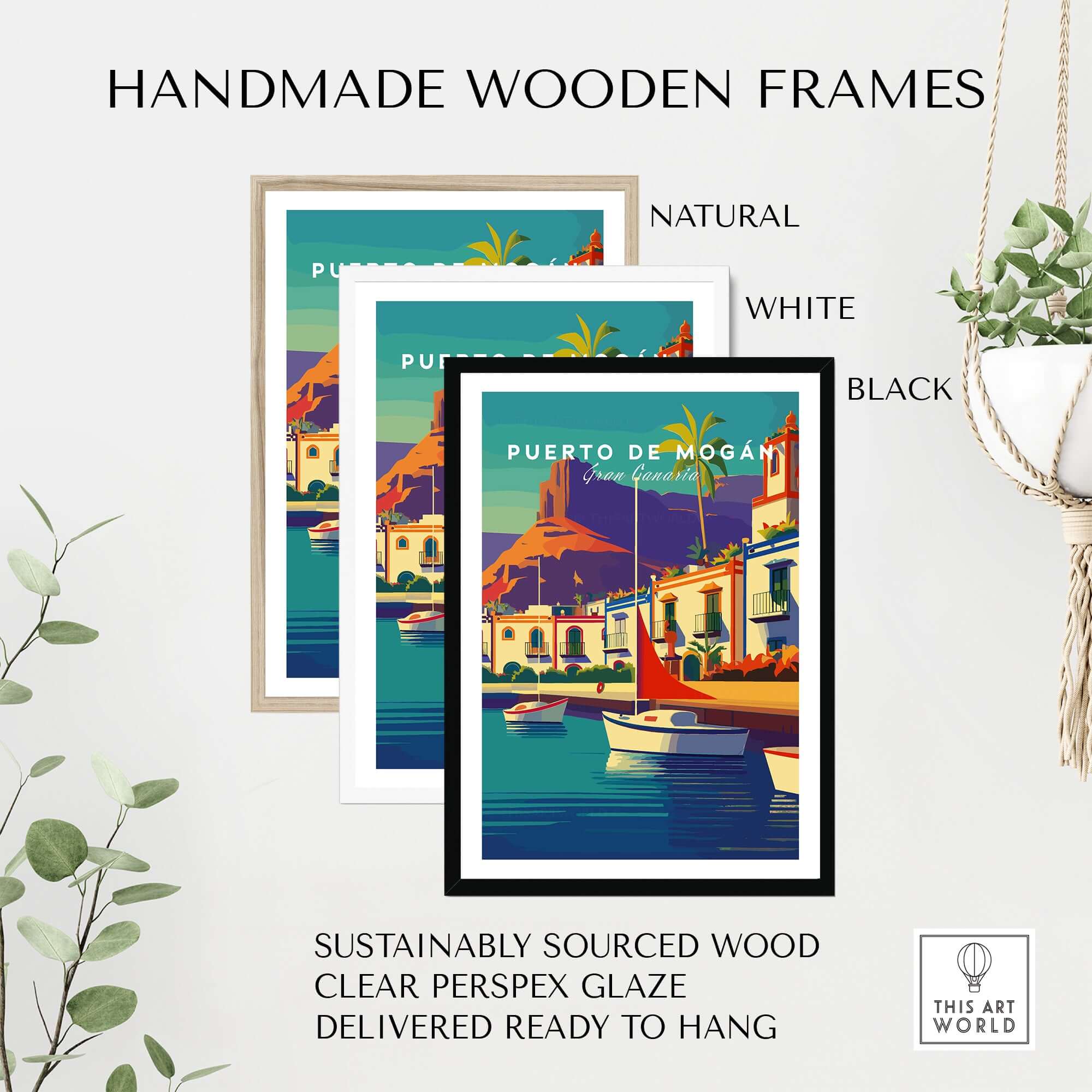 Puerto de Mogán Gran Canaria Art Print - Puerto de Mogán Village Poster - Colorful Coastal Decor framed in natural, white, and black wood