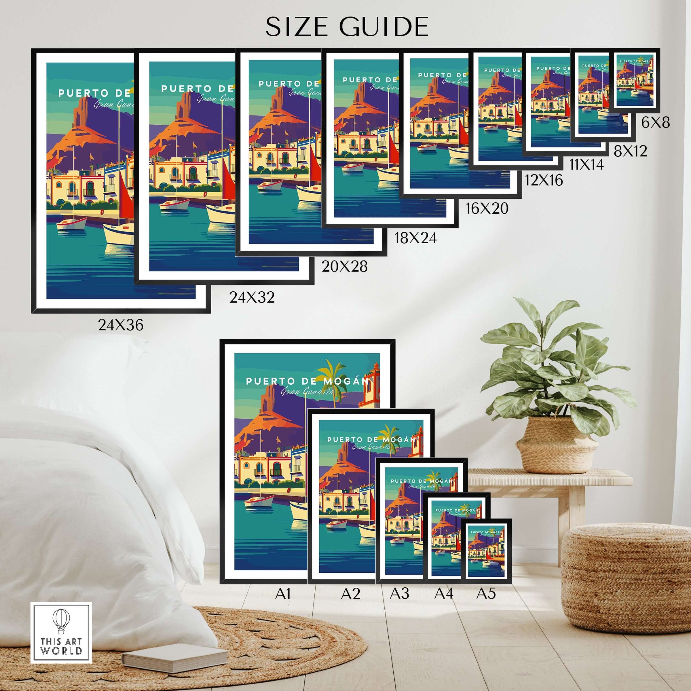 Puerto de Mogán Gran Canaria Art Print - Puerto de Mogán Village Poster - Colorful Coastal Decor Size Guide