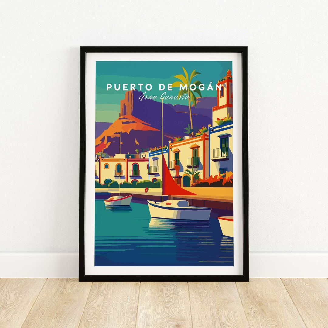Colorful Puerto de Mogán Gran Canaria art print featuring boats and vibrant coastal scenery.