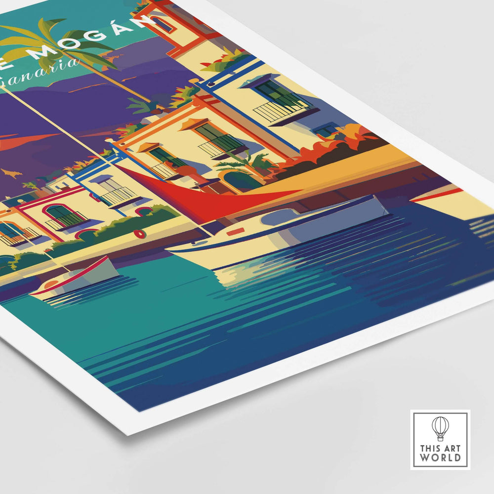 Puerto de Mogán Gran Canaria art print featuring colorful coastal village and boats, vibrant wall decor.