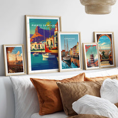 Puerto de Mogán Gran Canaria Art Print - Puerto de Mogán Village Poster - Colorful Coastal Decor displayed on a cozy couch.