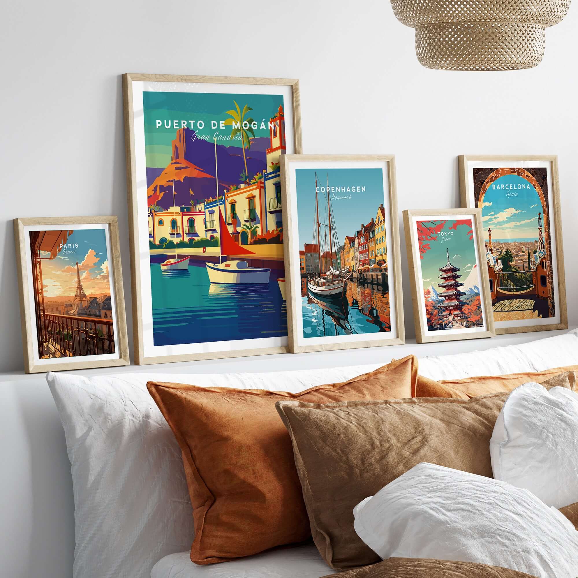 Puerto de Mogán Gran Canaria Art Print - Puerto de Mogán Village Poster - Colorful Coastal Decor displayed on a cozy couch.