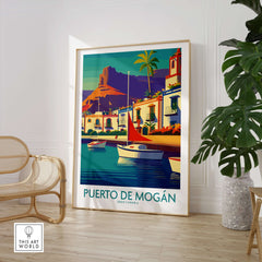 Puerto de Mogán Poster - Gran Canaria Travel Print - Sailboats Wall Art displayed in a stylish room with plants.
