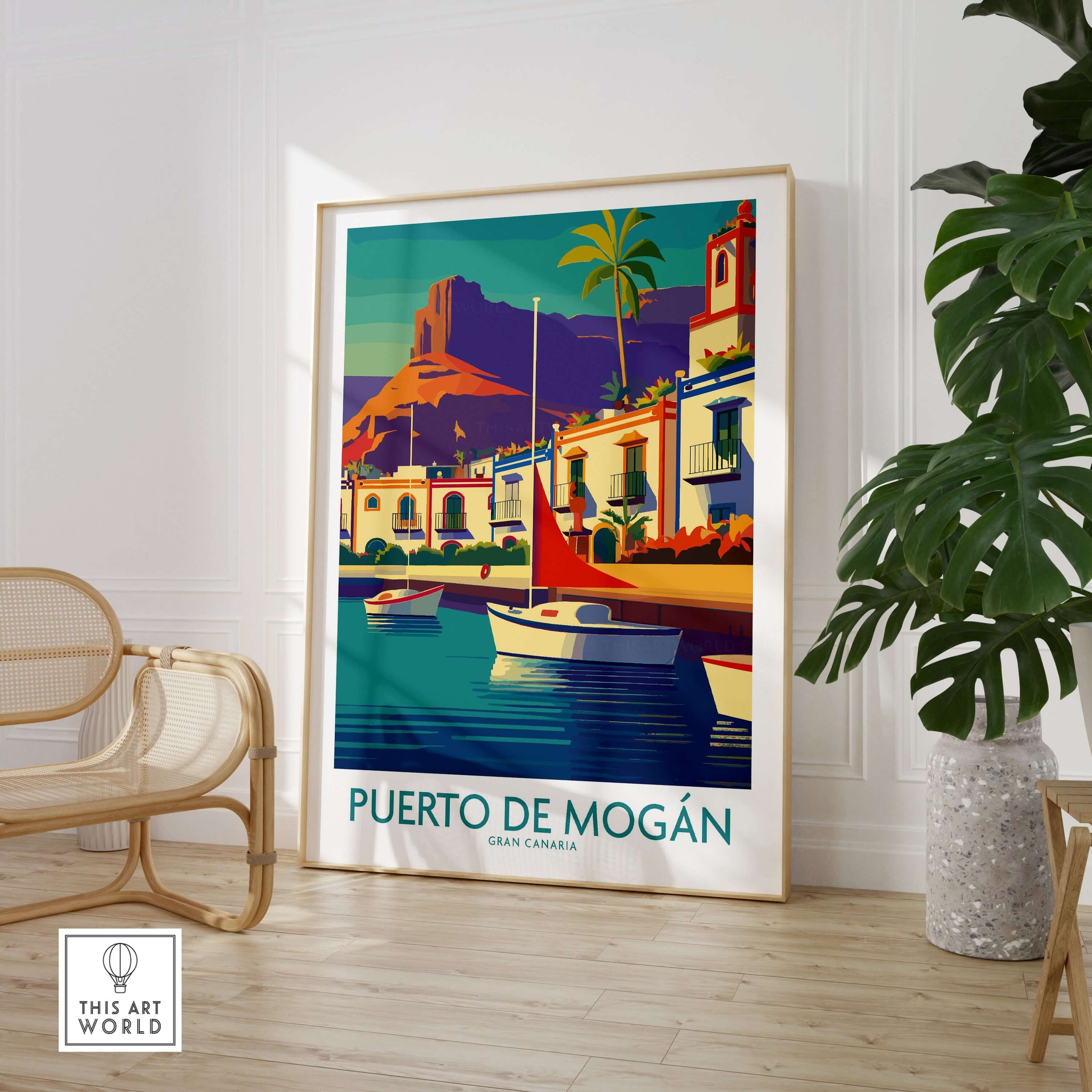 Puerto de Mogán Poster - Gran Canaria Travel Print - Sailboats Wall Art displayed in a stylish room with plants.