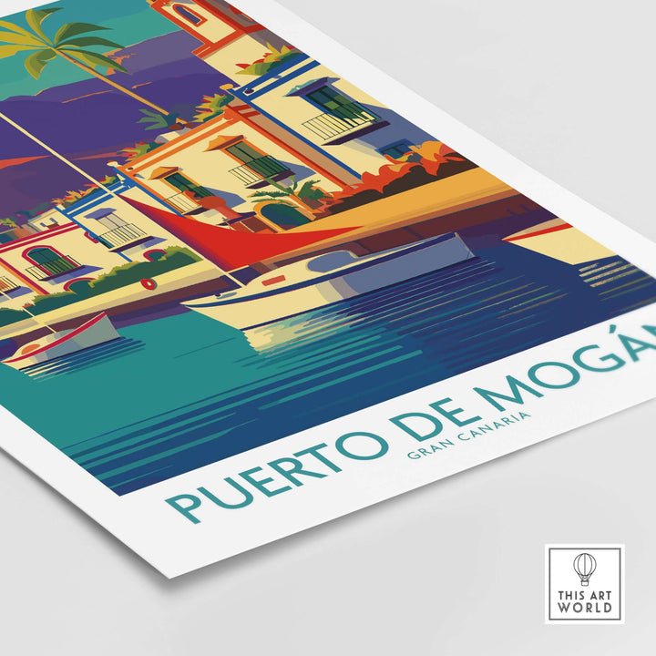 Puerto de Mogán travel poster featuring sailboats and colorful coastal scenery from Gran Canaria.