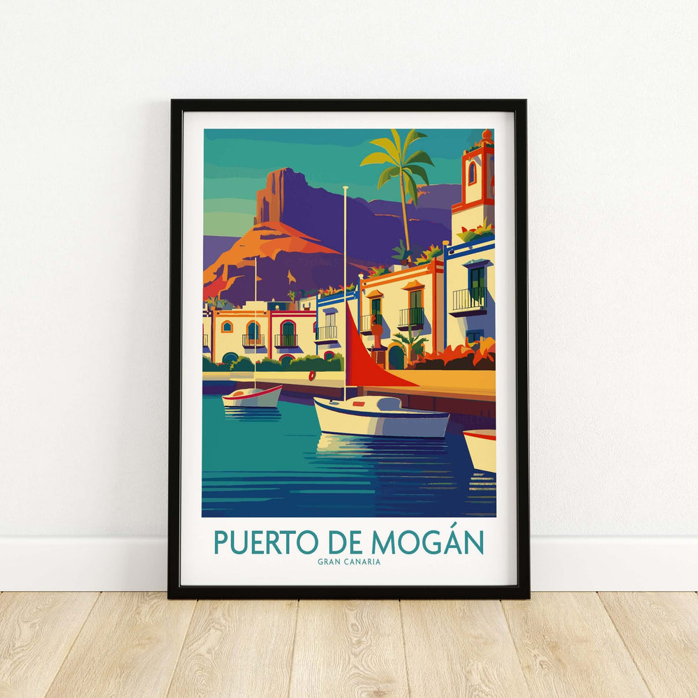 Puerto de Mogán travel poster featuring sailboats and vibrant coastal scenery from Gran Canaria.