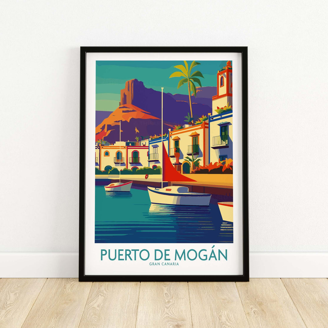 Puerto de Mogán travel poster featuring sailboats and vibrant coastal scenery from Gran Canaria.