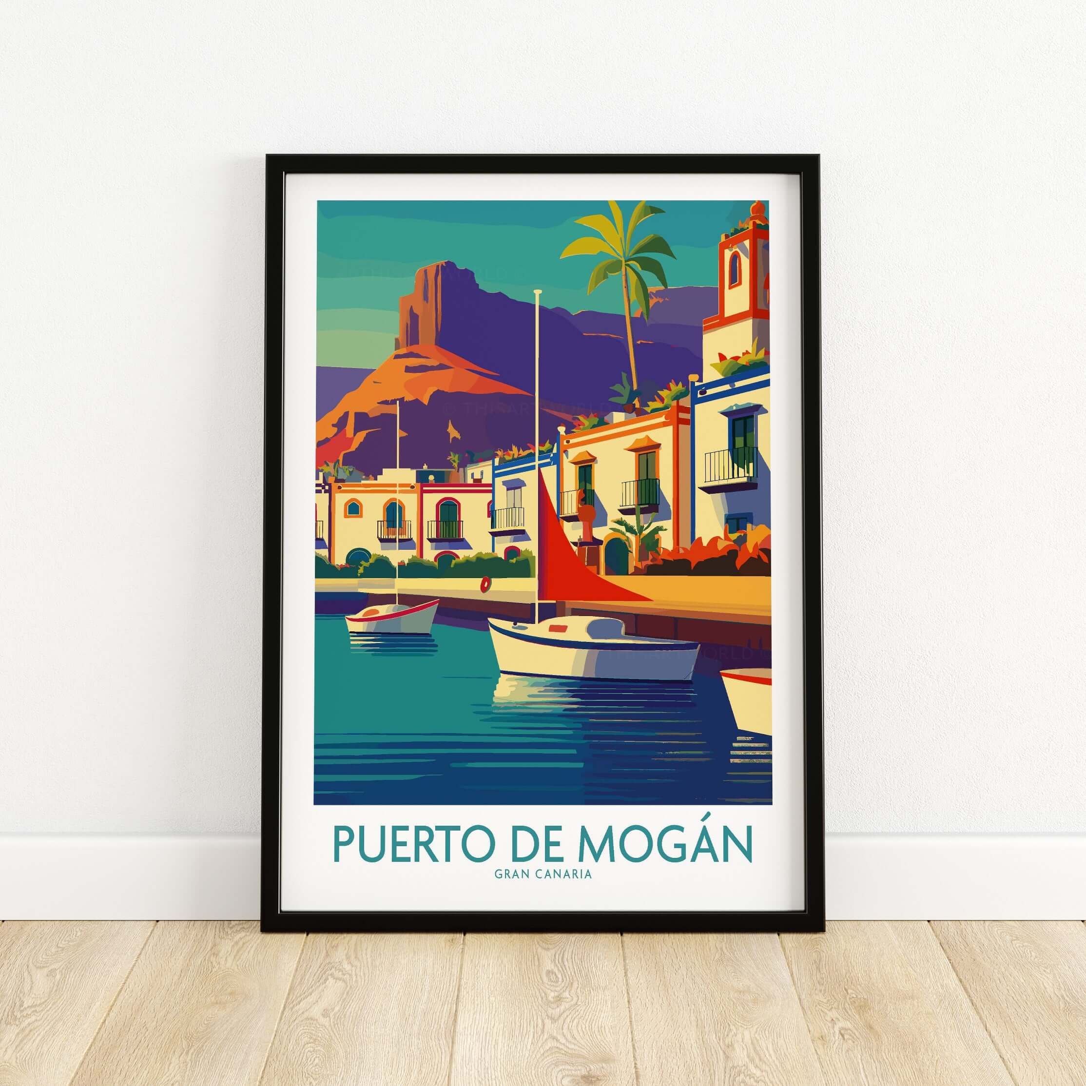 Puerto de Mogán Poster - Gran Canaria Travel Print - Sailboats Wall Art displaying colorful boats and scenic coastal view.