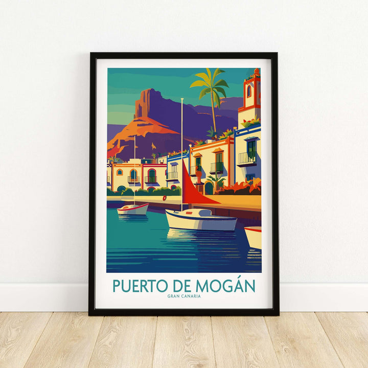 Puerto de Mogán travel poster featuring sailboats and vibrant coastal scenery from Gran Canaria.
