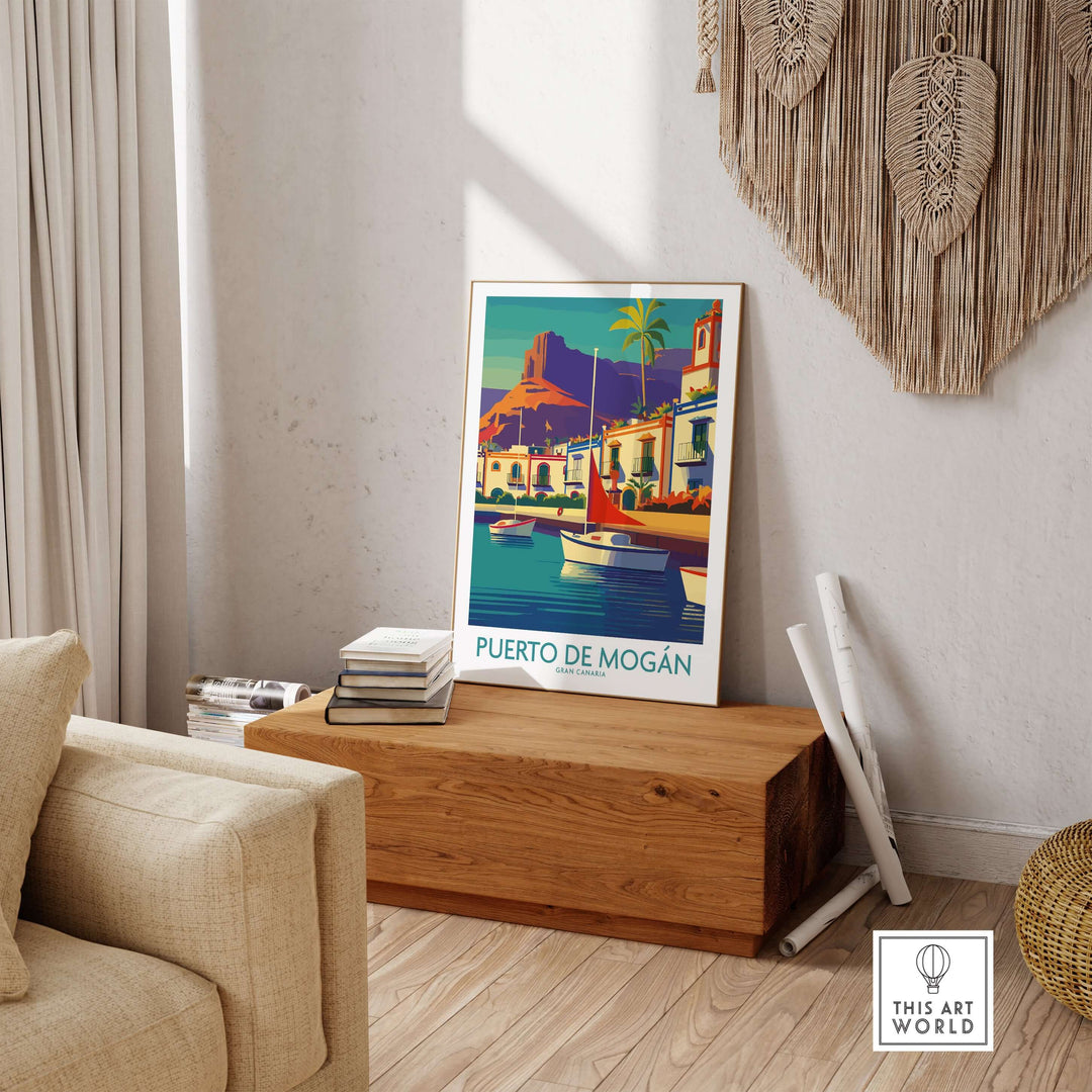 Puerto de Mogán travel poster showcasing vibrant sailboats and coastal views in a stylish home setting.