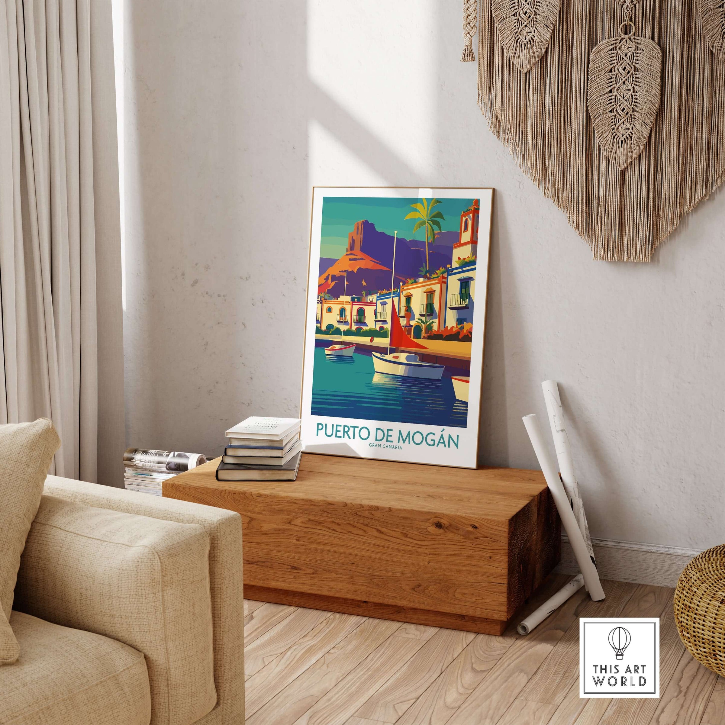 Puerto de Mogán Poster - Gran Canaria Travel Print - Sailboats Wall Art displayed in a stylish living room setting.