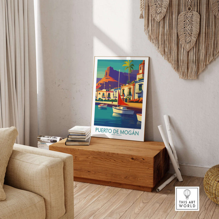 Puerto de Mogán travel poster showcasing vibrant sailboats and coastal views in a stylish home setting.