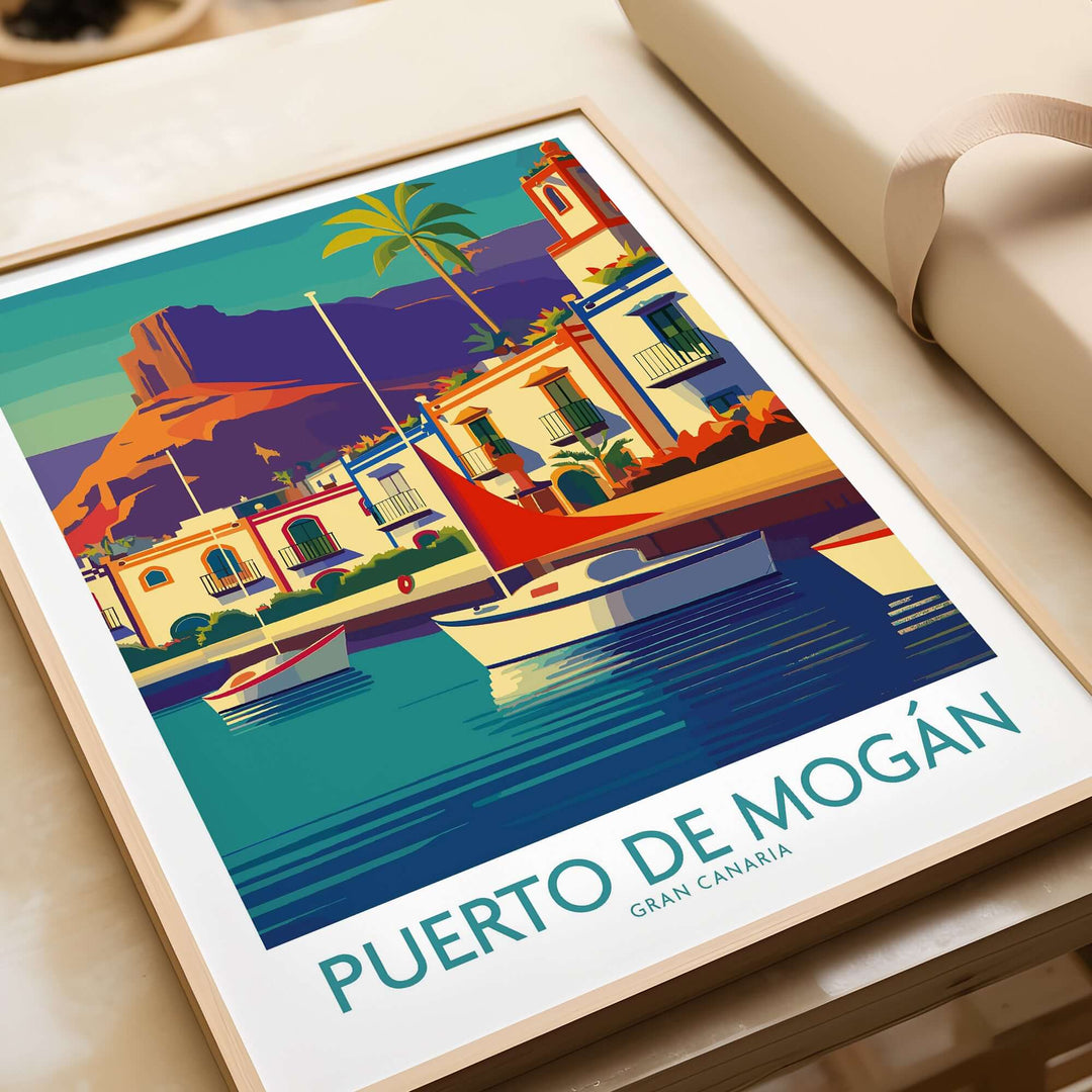 Puerto de Mogán travel poster featuring sailboats and vibrant coastal scenery from Gran Canaria.