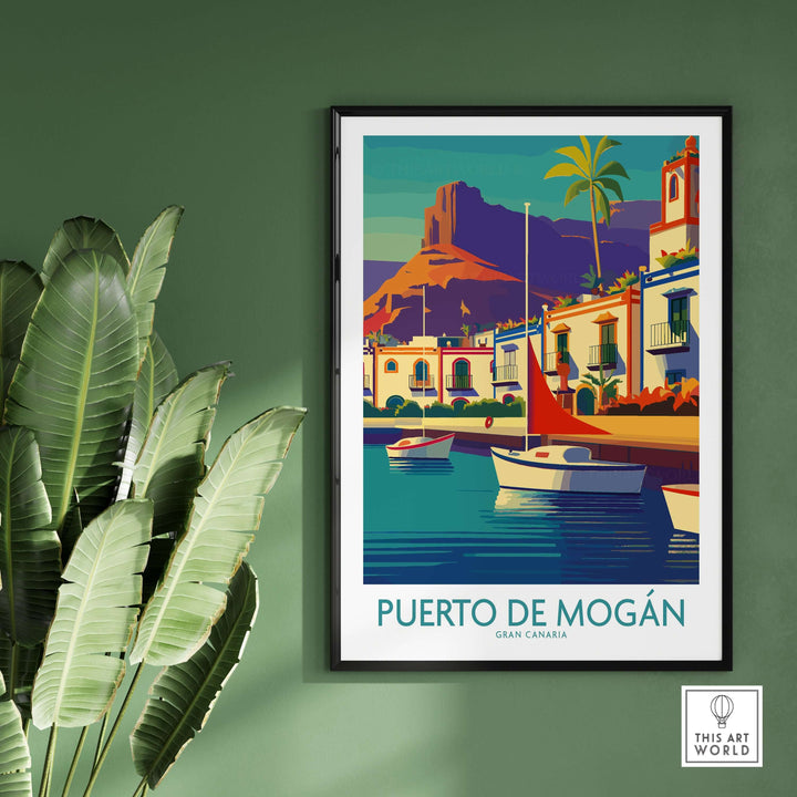 Puerto de Mogán travel poster showing sailboats and coastal views, vibrant wall art for Gran Canaria lovers.