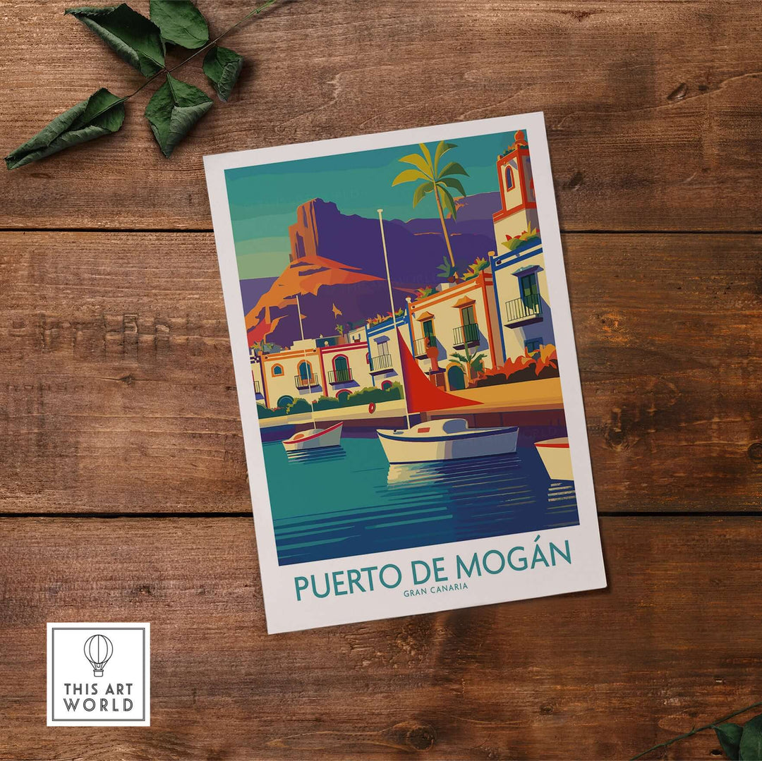Puerto de Mogán travel poster featuring sailboats and vibrant coastal scenery of Gran Canaria, perfect for wall art.