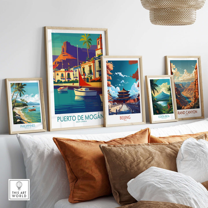 Puerto de Mogán poster among various travel prints, showcasing vibrant wall art and seaside charm.
