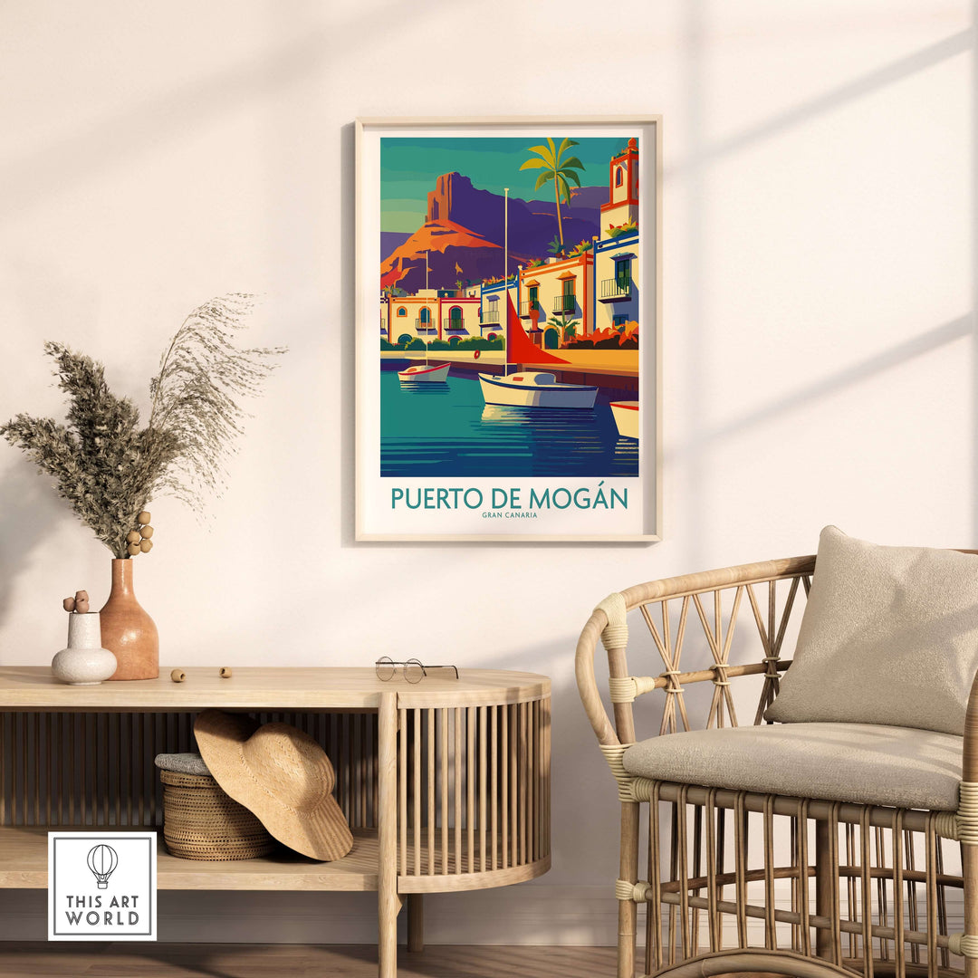 Puerto de Mogán travel poster featuring sailboats and colorful coastal views, ideal for wall art decor.