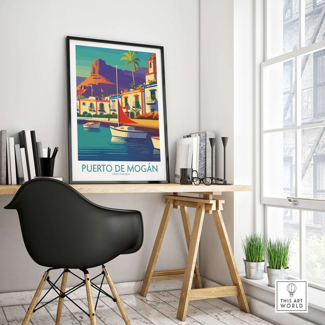 Puerto de Mogán travel poster showcasing sailboats and coastal views in a stylish workspace setting.