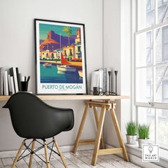 Puerto de Mogán Poster - Gran Canaria Travel Print - Sailboats Wall Art displayed in a stylish home office interior.