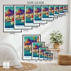 Puerto de Mogán Poster - Gran Canaria Travel Print - Sailboats Wall Art size guide display with various frame sizes.