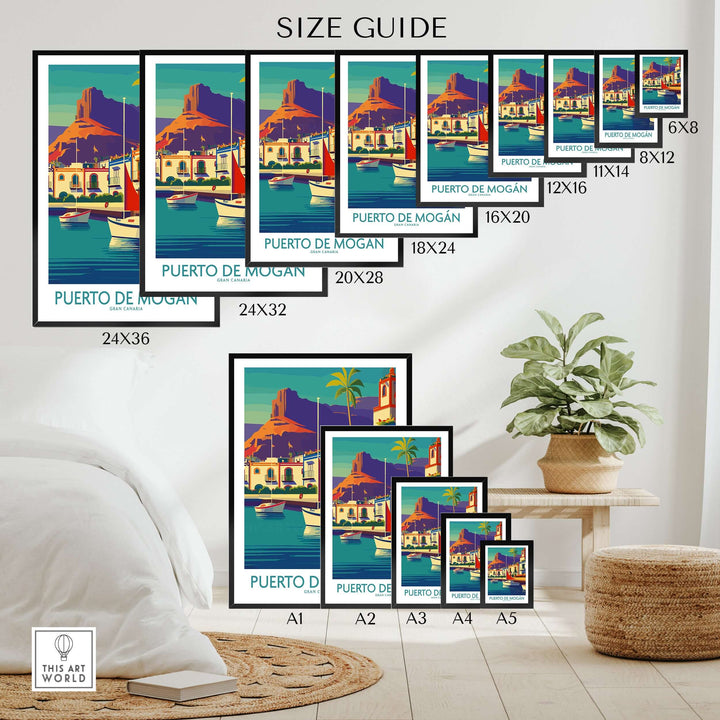 Size guide for Puerto de Mogán poster showcasing various dimensions alongside wall display.