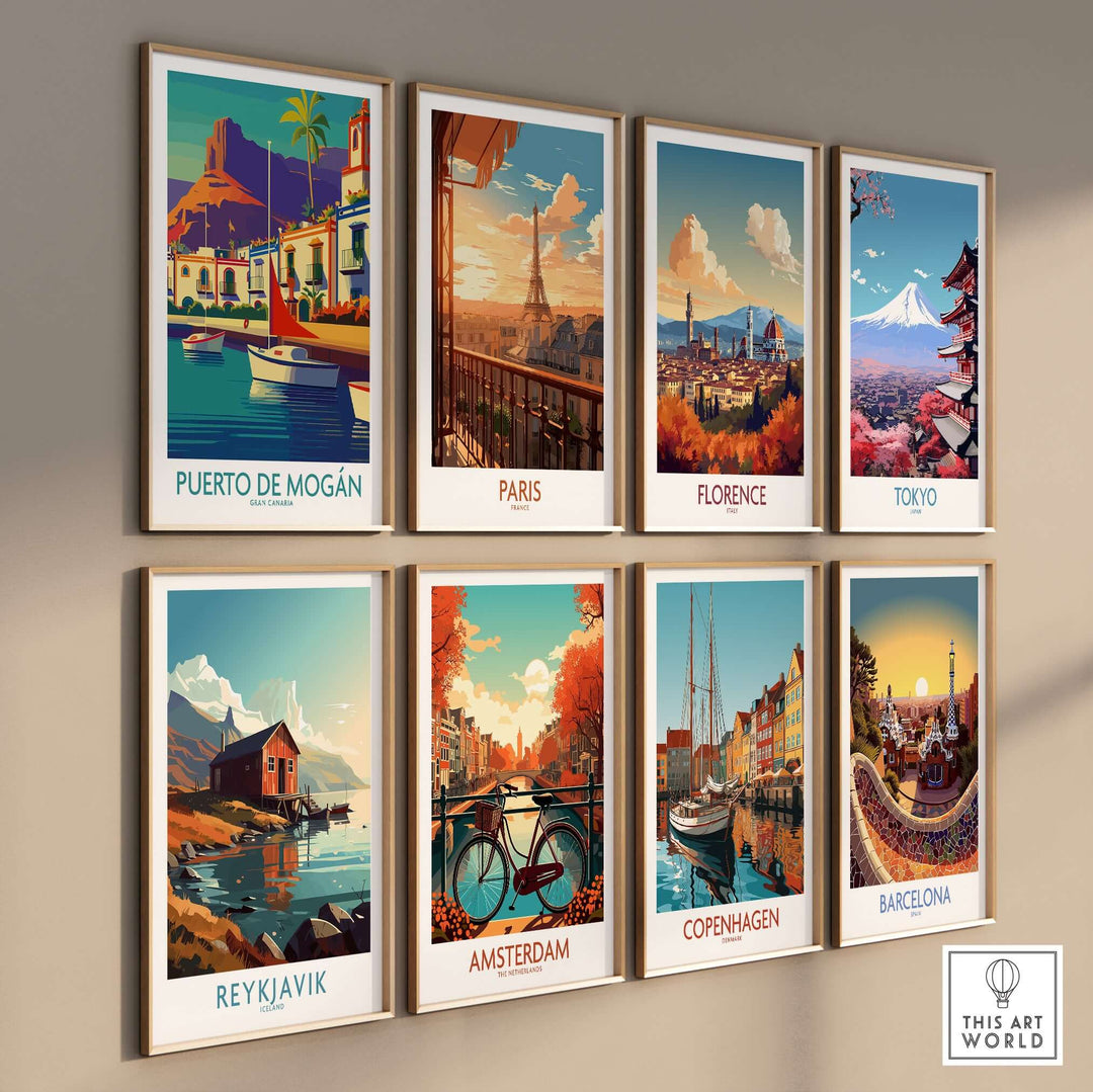 Wall display of vibrant travel posters, featuring Puerto de Mogán, Paris, Florence, Tokyo, Reykjavik, Amsterdam, Copenhagen, and Barcelona.