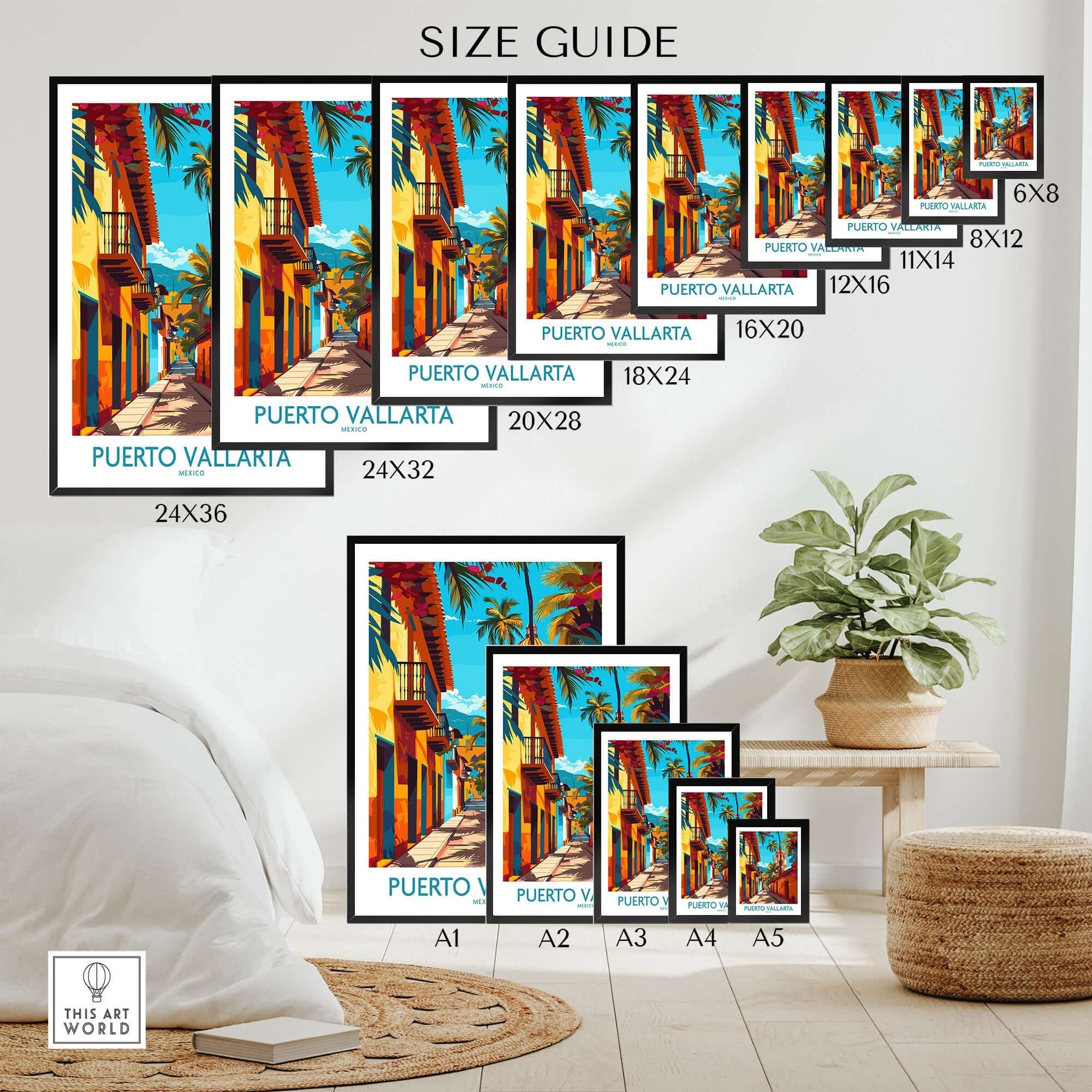 Puerto Vallarta Poster Mexico size guide for different frame options and wall art display.