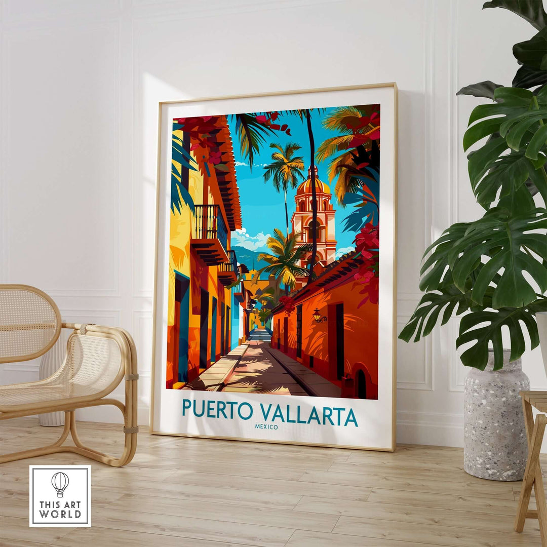 Vibrant Puerto Vallarta poster featuring colorful Mexican street, perfect wall art for home or office decor, capturing the beauty of Mexico.