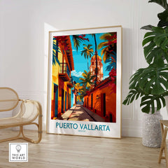 Puerto Vallarta Poster Mexico displayed in a stylish room, showcasing vibrant colors and the essence of Puerto Vallarta.