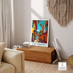 Puerto Vallarta Poster Mexico displayed in a stylish living room setting, showcasing vibrant colors and artistic design.