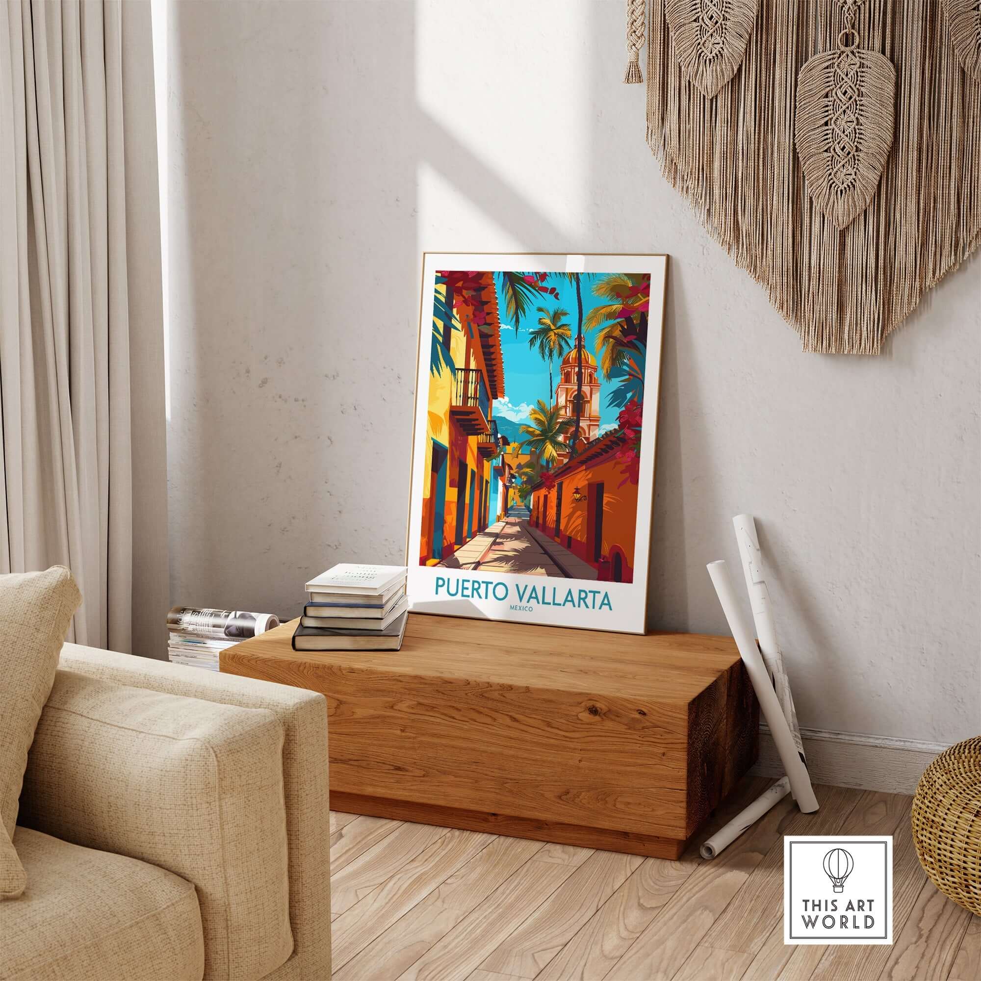 Puerto Vallarta Poster Mexico displayed in a stylish living room setting, showcasing vibrant colors and artistic design.