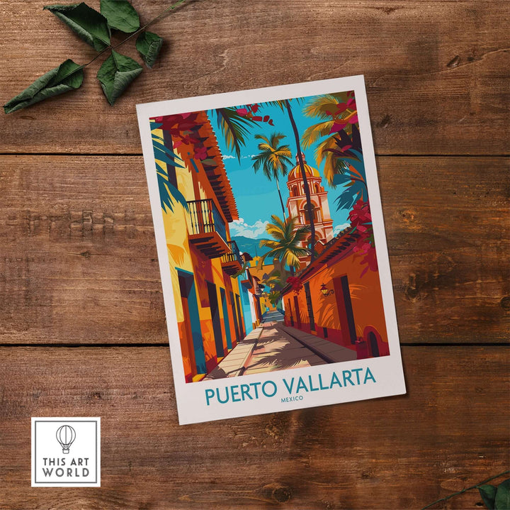 Puerto Vallarta Poster Mexico vibrant colorful wall art featuring street scenery and palm trees for travel enthusiasts and art lovers