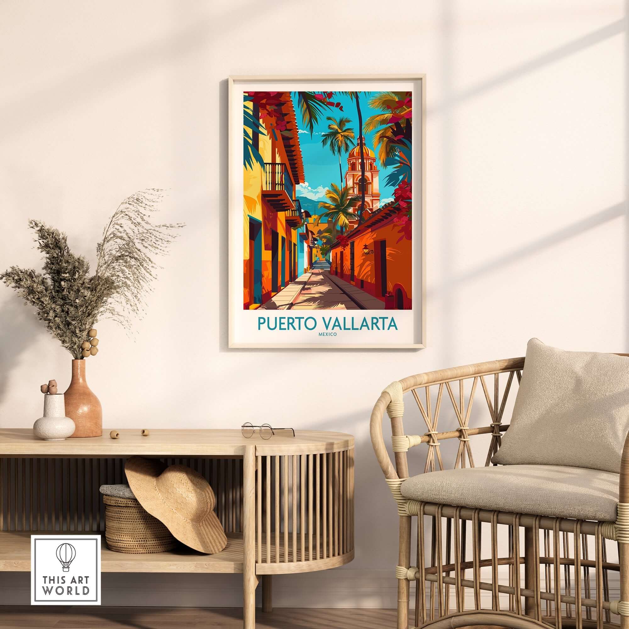 Puerto Vallarta Poster Mexico showcasing colorful street scene in a stylish home setting.