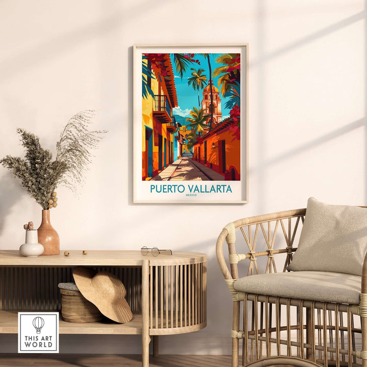 Puerto Vallarta poster featuring vibrant Mexican street scene with colorful buildings, palm trees, and sunny weather, displayed in a modern living room