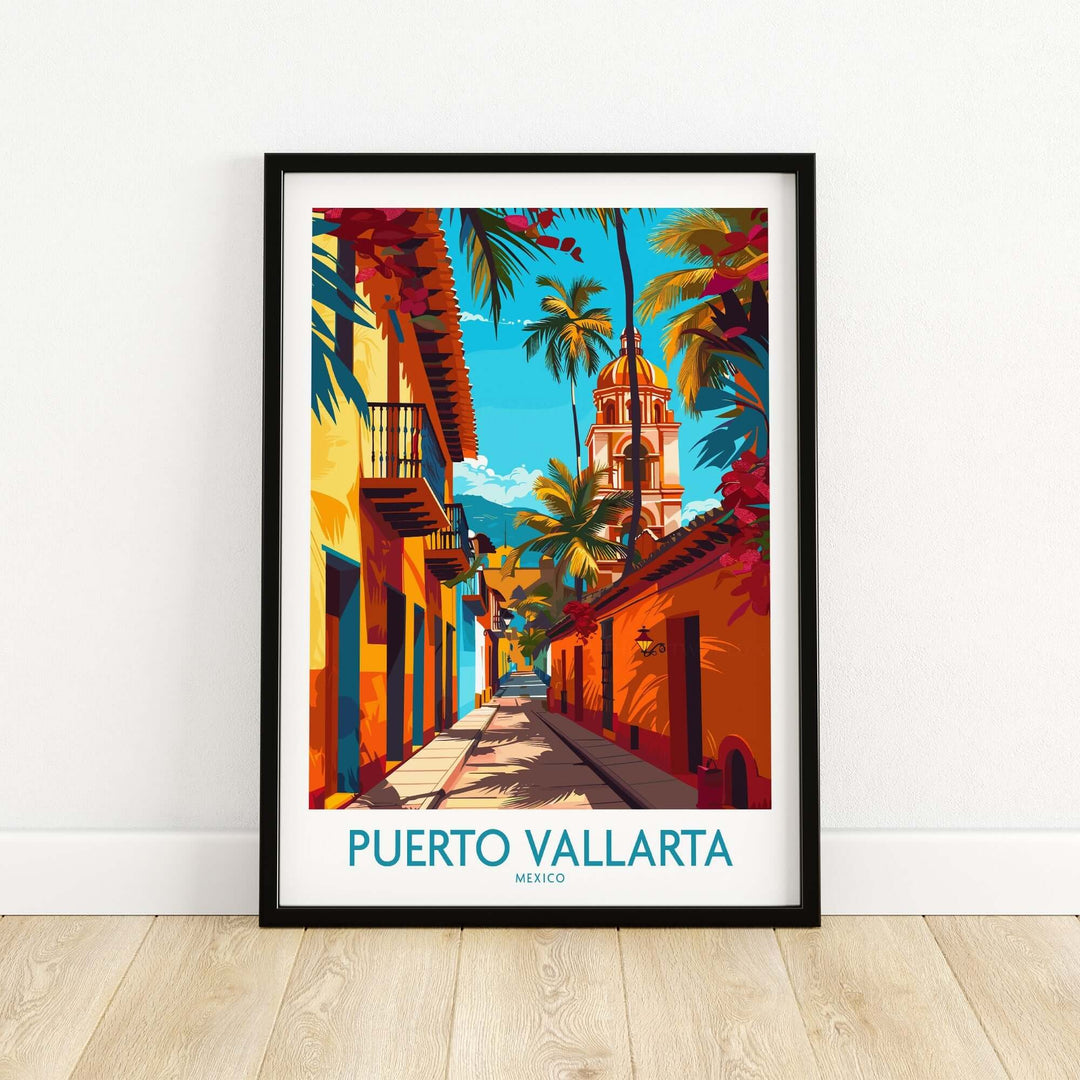 Puerto Vallarta Poster Mexico vibrant colorful wall art showcasing Mexican street scene with palm trees and architecture