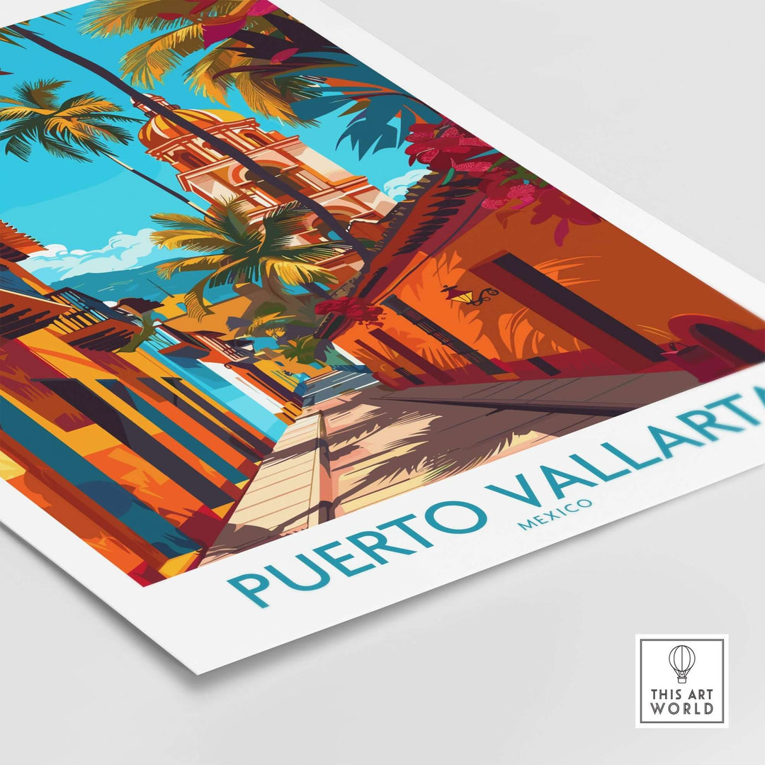 Vibrant Puerto Vallarta Poster showcasing colorful Mexican streets and palm trees in eye-catching wall art.