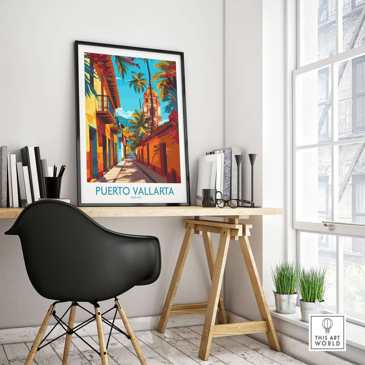 Puerto Vallarta Poster Mexico vibrant wall art in a modern home office with desk, chair, and bookshelf.