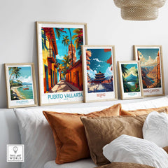 Puerto Vallarta Poster Mexico displayed in a stylish interior with vibrant travel-themed prints.