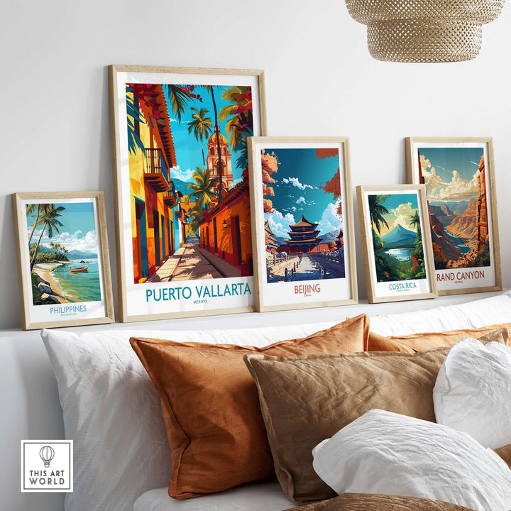 Puerto Vallarta Poster Mexico vibrant wall art displayed on a shelf with posters of Beijing, Philippines, Costa Rica, and Grand Canyon