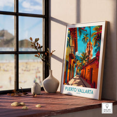 Puerto Vallarta Poster Mexico displayed on a windowsill, showcasing vibrant colors and beach views.