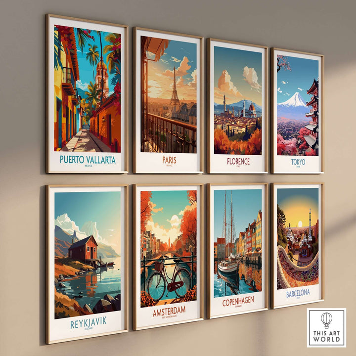 Wall art display featuring Puerto Vallarta, Paris, Florence, Tokyo, Reykjavik, Amsterdam, Copenhagen, and Barcelona posters.