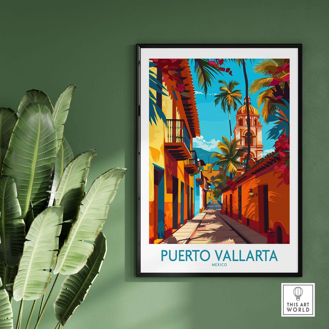 Puerto Vallarta poster featuring vibrant street scene with palm trees and traditional Mexican architecture.