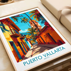 Puerto Vallarta Poster Mexico featuring a vibrant street in Puerto Vallarta with colorful buildings and palm trees.