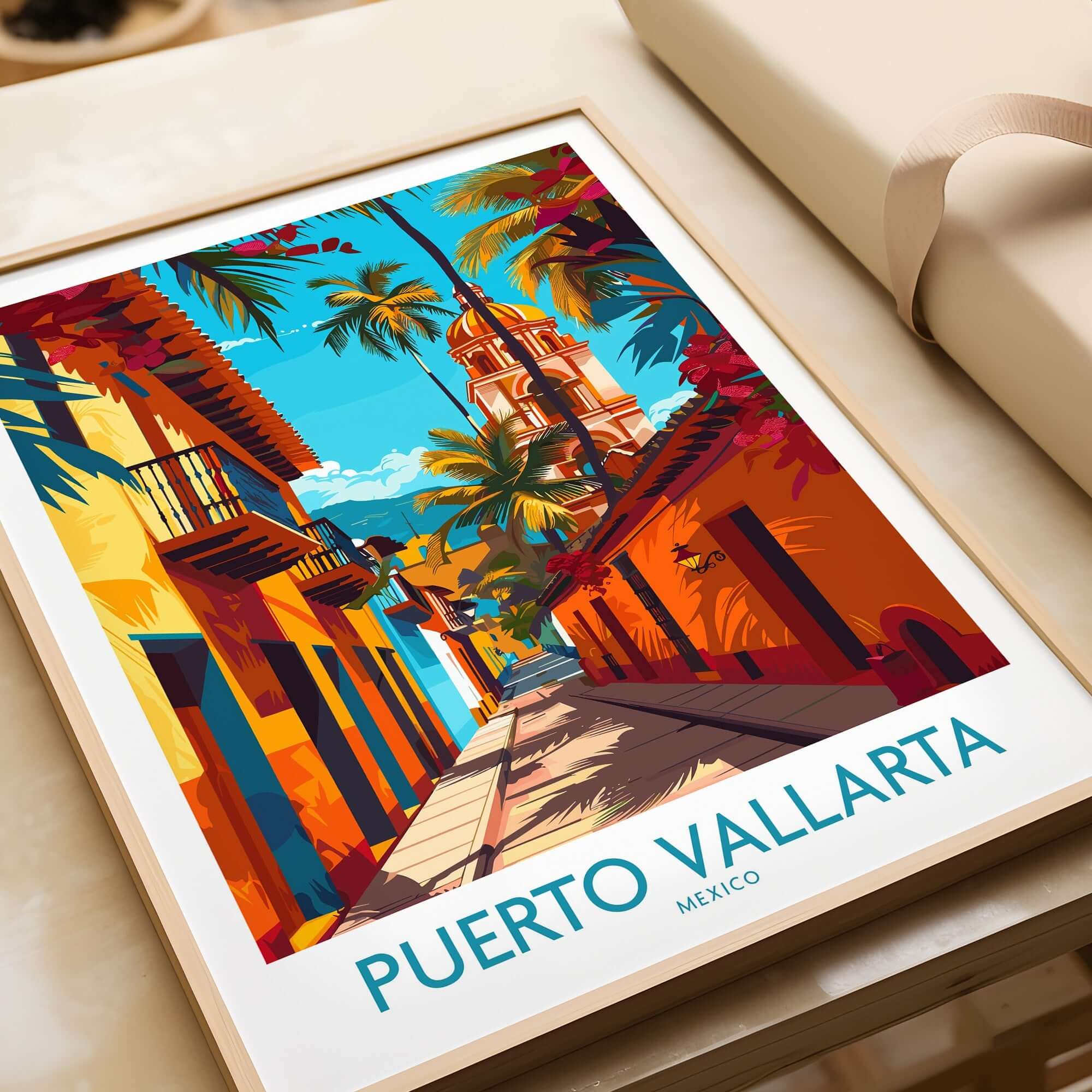 Puerto Vallarta Poster Mexico featuring a vibrant street in Puerto Vallarta with colorful buildings and palm trees.