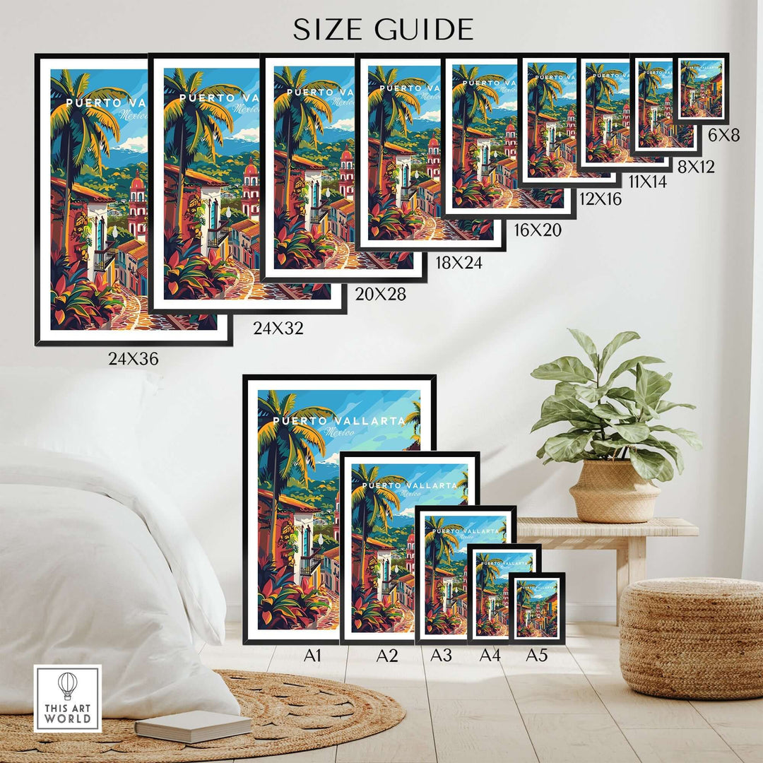 Puerto Vallarta travel poster in various sizes displayed on a wall, showcasing vibrant colors and Mexican culture for home decor.