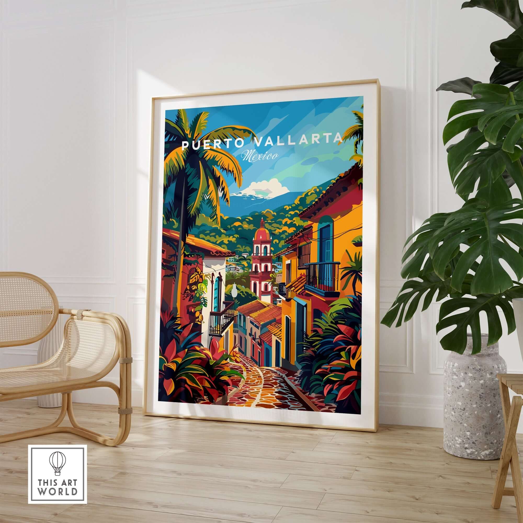 Puerto Vallarta Travel Poster showcasing vibrant colors and rich culture, perfect for wall decor and gifting.