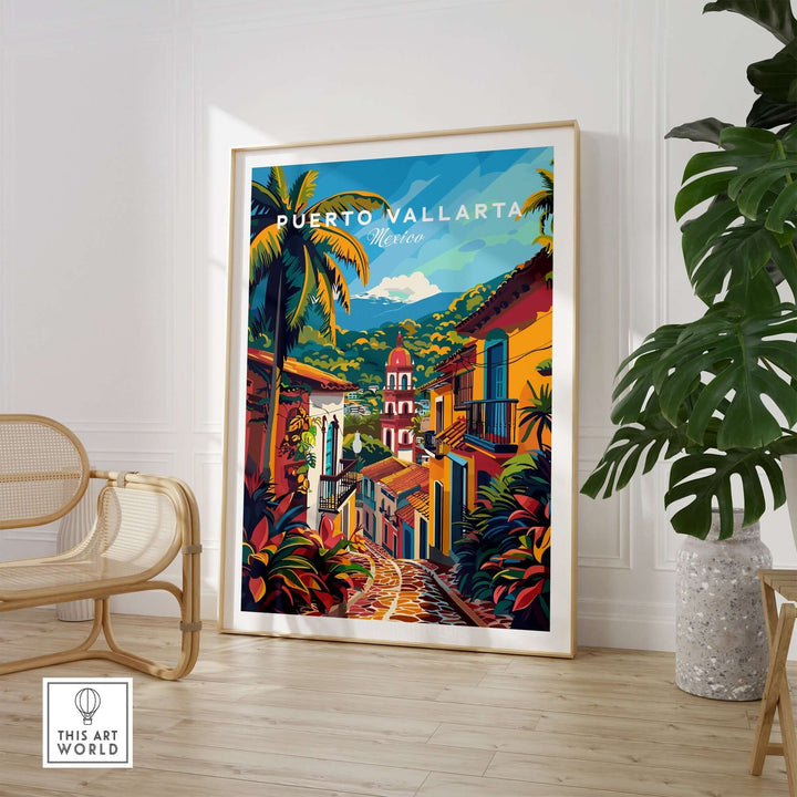 Puerto Vallarta travel poster featuring vibrant Mexico wall art with colorful houses, mountains, and palm trees, perfect for home decor.