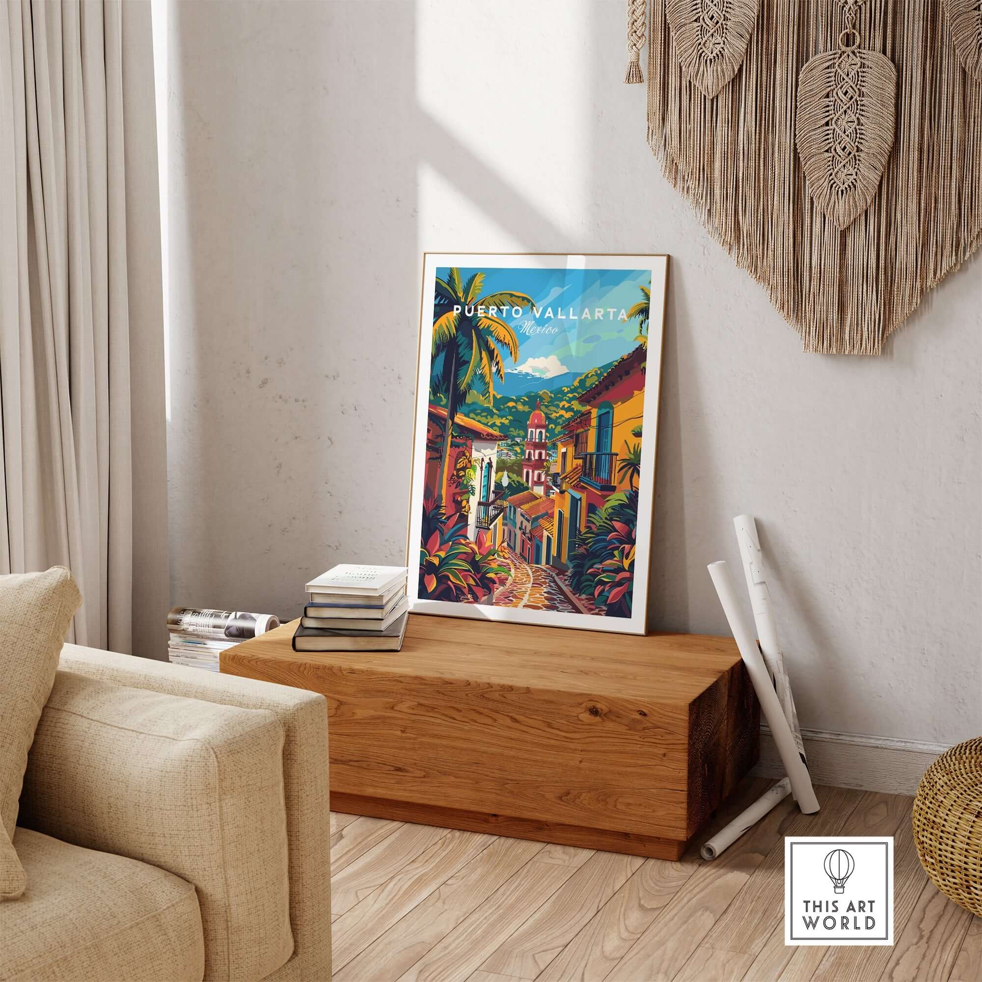 Puerto Vallarta Travel Poster featuring vibrant colors and rich culture, perfect for home decor.