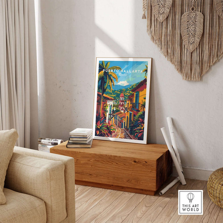 Puerto Vallarta travel poster showcasing vibrant Mexican culture, perfect for home decor or as a gift; wall art in stylish living room setup.