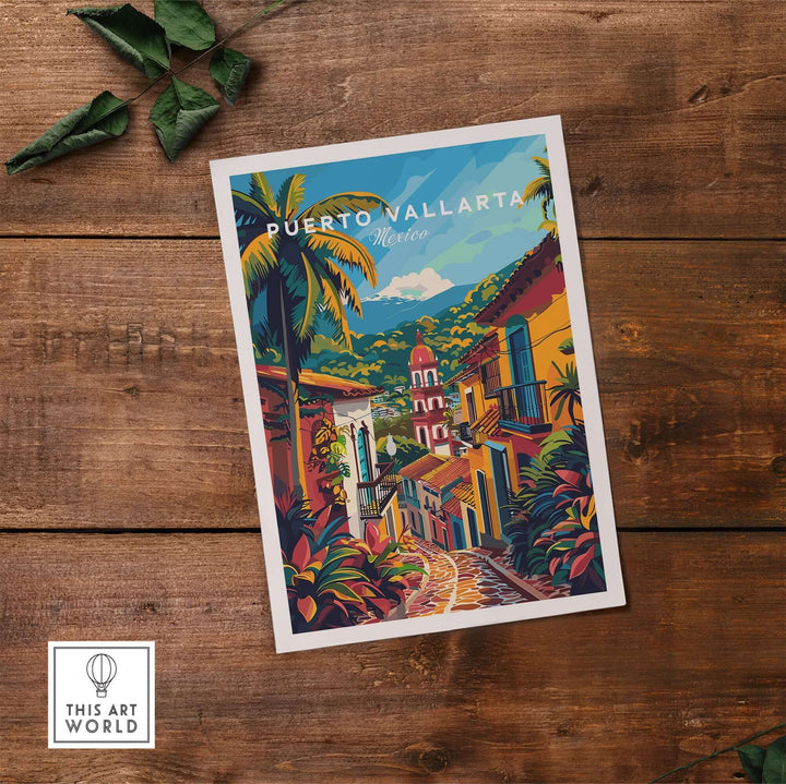 Puerto Vallarta travel poster with vibrant colors, showcasing Mexican architecture and culture. Perfect wall art for home decor.